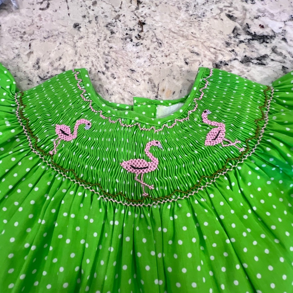 Green Polka Dot Dress with Flamingo Embroidery